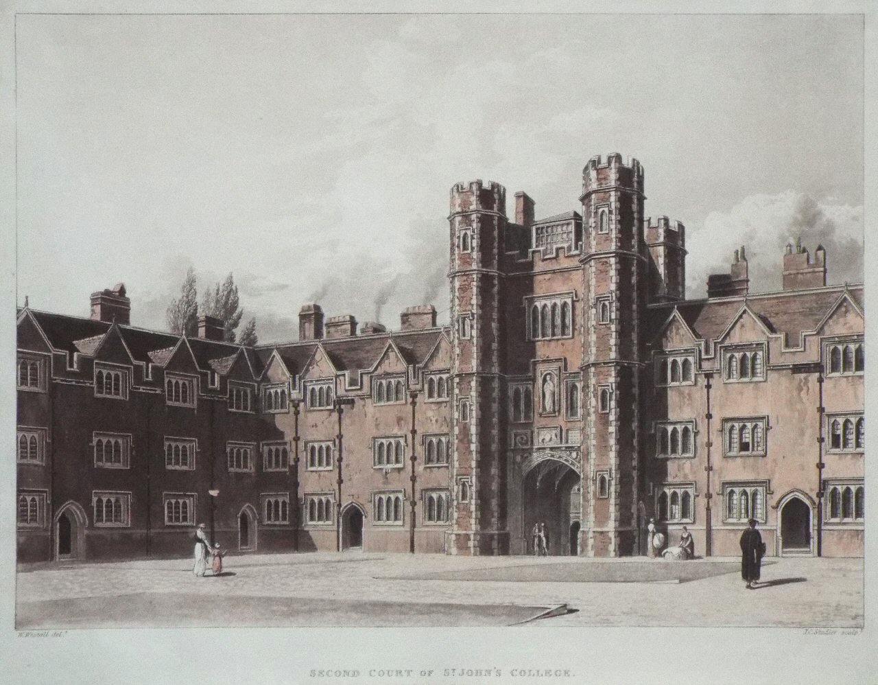 Aquatint - Second Court of St. John's College. - Stadler